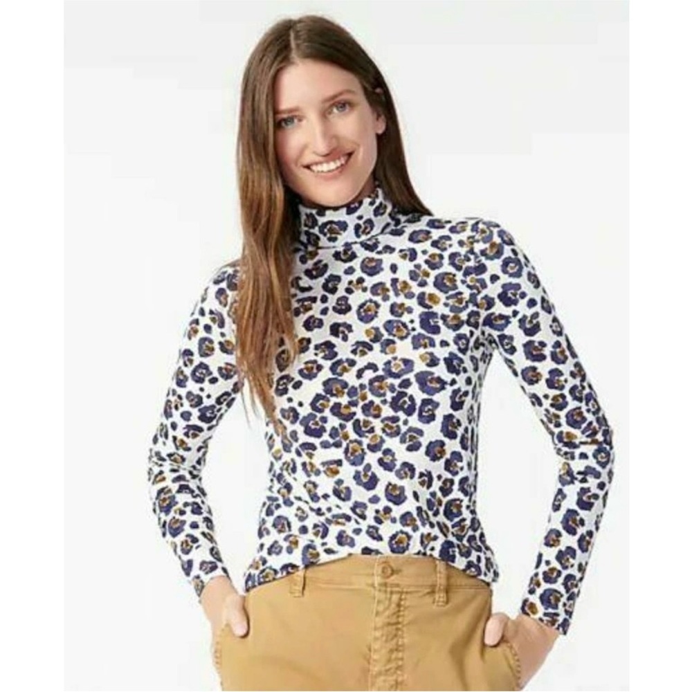 J. Crew Tissue Watercolor Leopard Turtleneck Long Sleeve Shirt White Large